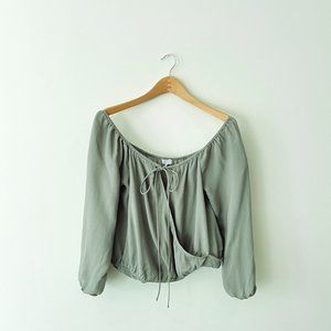 Tobi Womens Green Tie Neck Off The Shoulder Long Sleeve Crop Faux Wrap Top